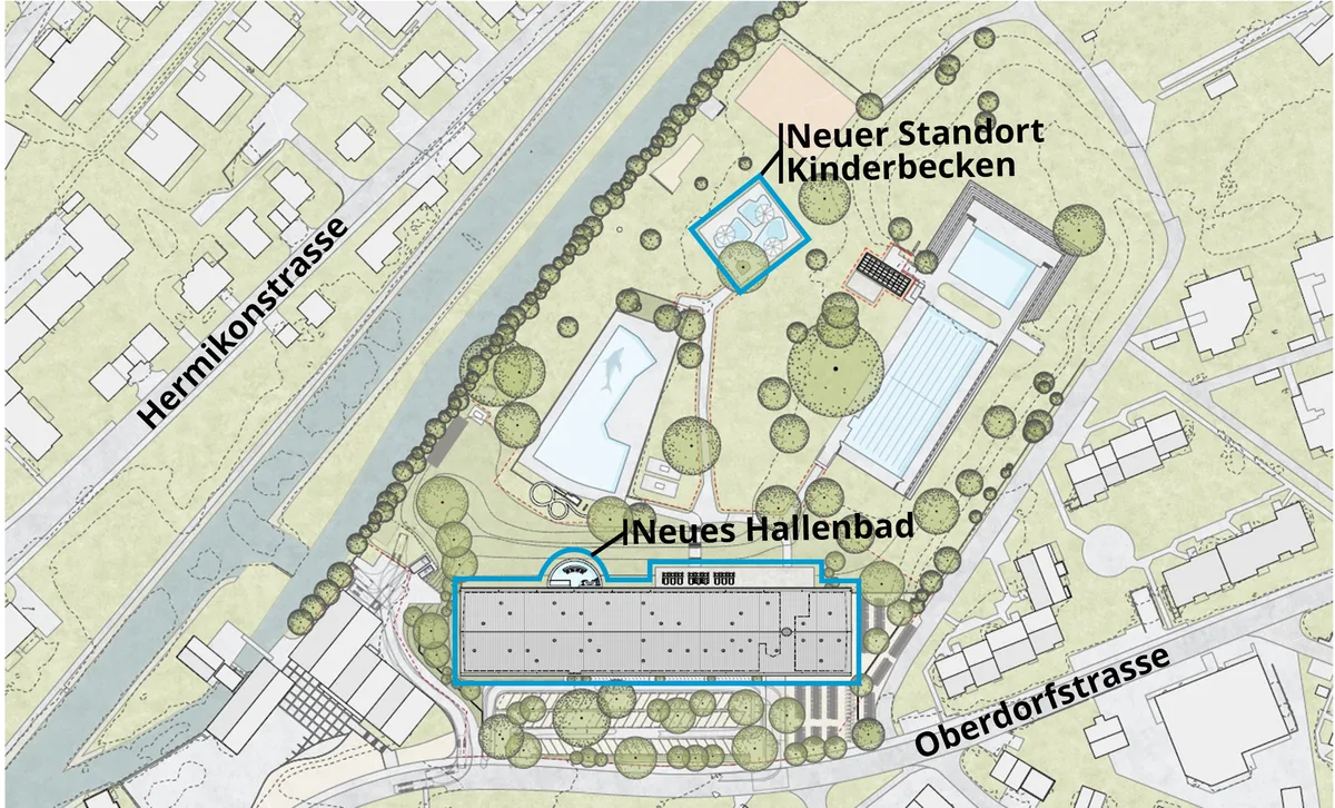 Übersichtsplan des neues Hallenbads auf dem Areal des Freibads. Grundriss Übersichtsplan neues Hallenbad.